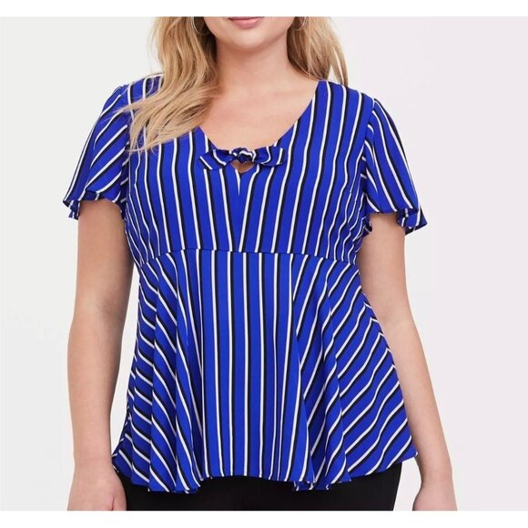 Torrid Georgette Top Tie Bow Front Empire Waist Blouse Blue White Striped Sz 1X - Picture 1 of 7
